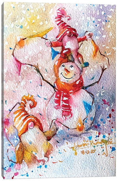 Snowman With Gnome Canvas Art Print - Christmas Scenes
