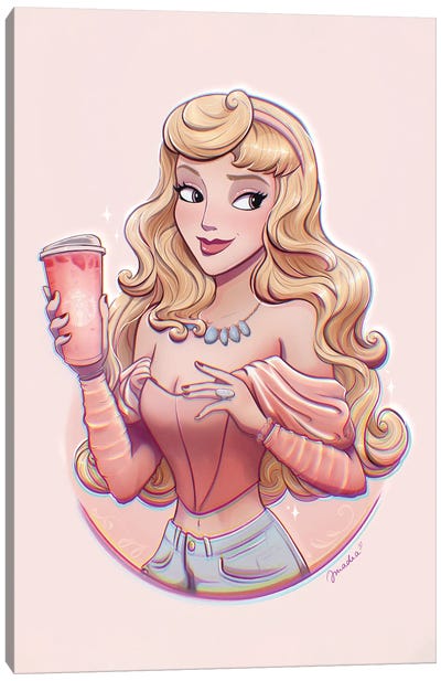Aurora With Starbucks Pink Drink Canvas Art Print - Other Animated & Comic Strip Characters