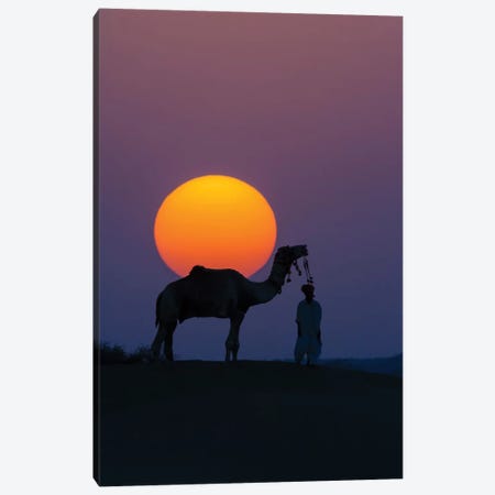Camel and person at sunset, Thar Desert, Rajasthan, India Canvas Print #AWO15} by Art Wolfe Canvas Art