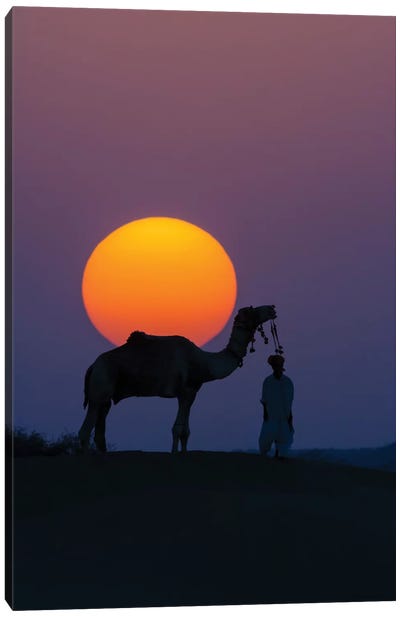 Camel and person at sunset, Thar Desert, Rajasthan, India Canvas Art Print