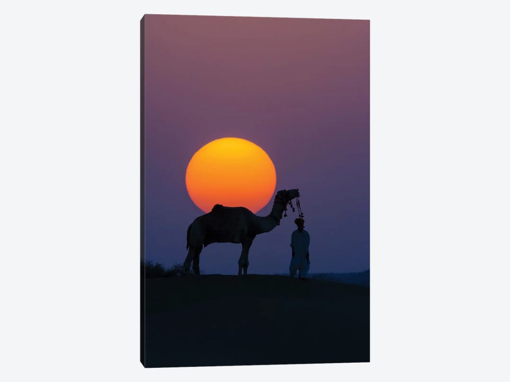 Camel and person at sunset, Thar Desert, Rajasthan, India by Art Wolfe 1-piece Canvas Artwork