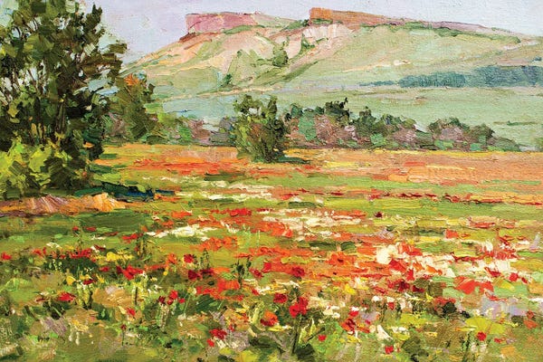 Sergey Alexandrovich Pozdeev: Poppy Field At The Foot Of White Cliffs by Sergey Alexandrovich Pozdeev