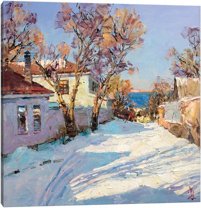 Rare Snow By The Seaside Canvas Art Print - Sergey Alexandrovich Pozdeev