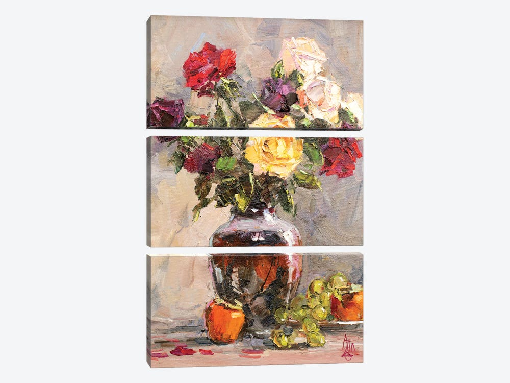 Roses Still Life by Sergey Alexandrovich Pozdeev 3-piece Canvas Print