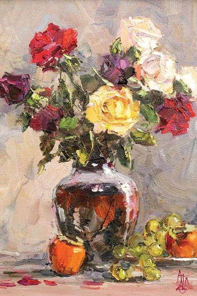 Sergey Alexandrovich Pozdeev: Roses Still Life by Sergey Alexandrovich Pozdeev