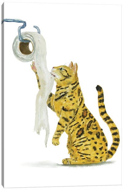 Bengal Cat And Toilet Paper Canvas Art Print - Alexey Dmitrievich Shmyrov