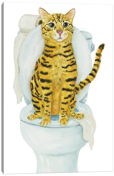Bengal Cat On The Toilet Canvas Art Print - Alexey Dmitrievich Shmyrov