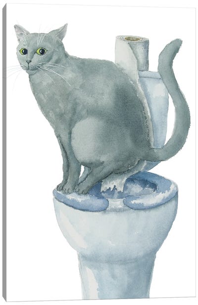 British Cat On The Toilet Canvas Art Print - British Shorthair Cat Art