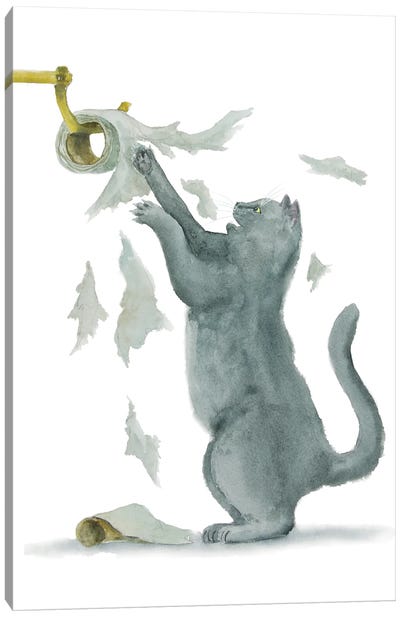 British Cat And Toilet Paper Canvas Art Print - British Shorthair Cat Art