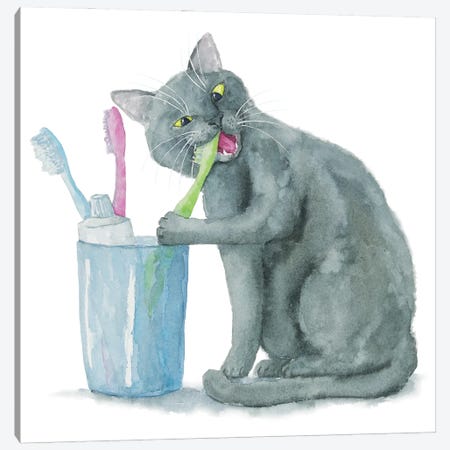 British Cat And Toothbrushes Canvas Print #AXS106} by Alexey Dmitrievich Shmyrov Canvas Art