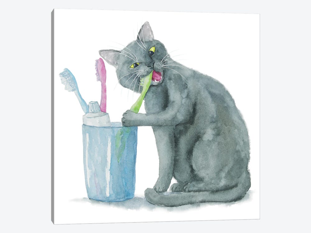 British Cat And Toothbrushes by Alexey Dmitrievich Shmyrov 1-piece Canvas Wall Art