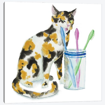 Calico Cat And Toothbrushes Canvas Print #AXS107} by Alexey Dmitrievich Shmyrov Canvas Wall Art