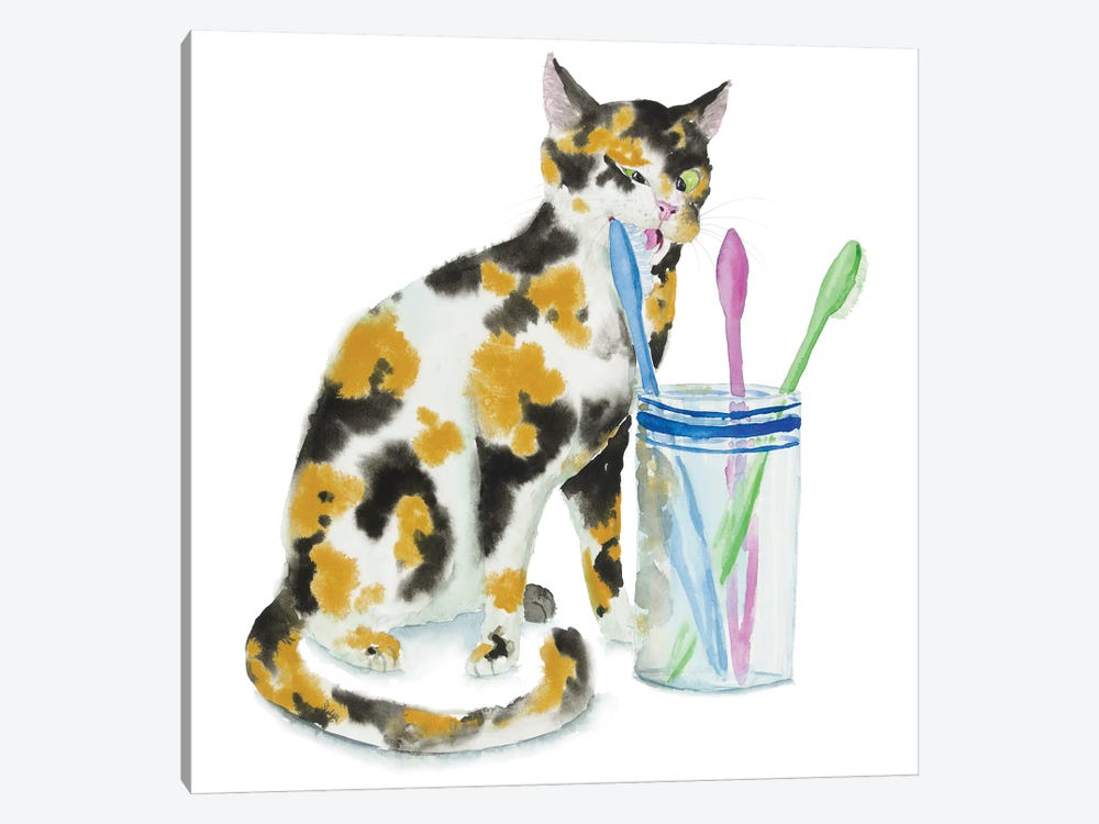Calico Cat And Toothbrushes by Alexey Dmitrievich Shmyrov 1-piece Art Print