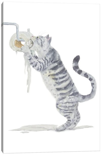 Gray Tabby Cat And Toilet Paper Canvas Art Print - Tabby Cat Art