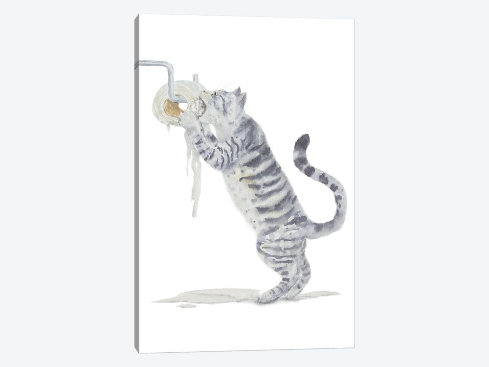 Gray Tabby Cat And Toilet Paper by Alexey Dmitrievich Shmyrov 1-piece Canvas Artwork