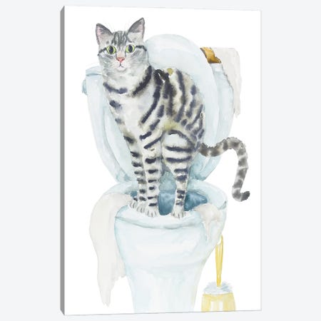 Gray Tabby Cat On The Toilet Canvas Print #AXS109} by Alexey Dmitrievich Shmyrov Art Print