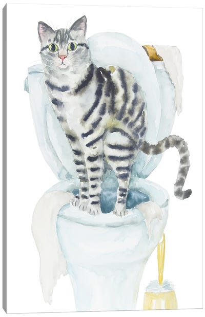 Gray Tabby Cat On The Toilet Canvas Art Print