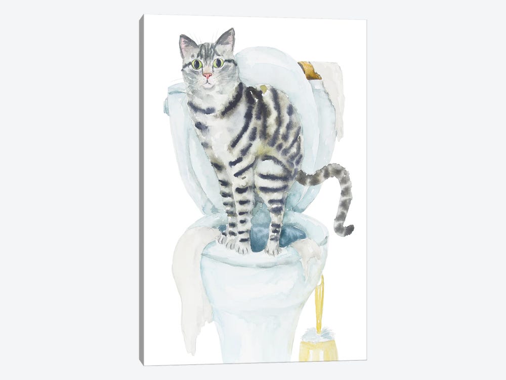 Gray Tabby Cat On The Toilet by Alexey Dmitrievich Shmyrov 1-piece Canvas Print