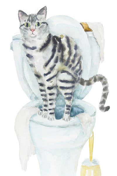 Tabbies: Gray Tabby Cat On The Toilet by Alexey Dmitrievich Shmyrov