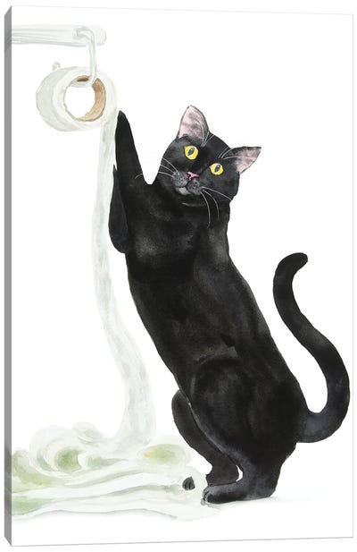 Black Cat And Toilet Paper Canvas Art Print - Animal Humor Art