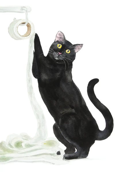 Large Art for Bathroom - Canvas Prints: Black Cat And Toilet Paper by Alexey Dmitrievich Shmyrov