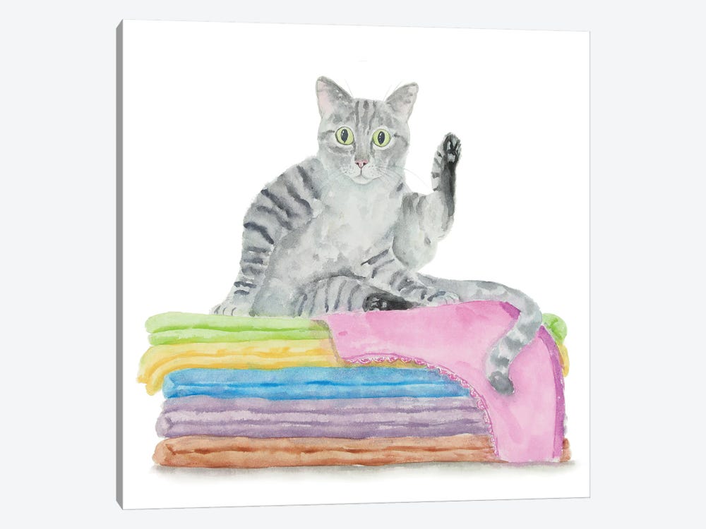 Gray Tabby Cat On Towels by Alexey Dmitrievich Shmyrov 1-piece Canvas Print