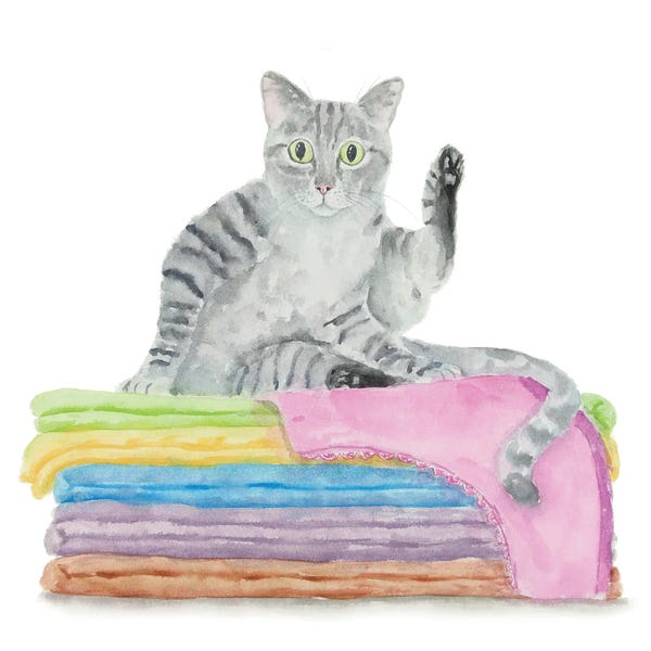 Bathroom Break: Gray Tabby Cat On Towels by Alexey Dmitrievich Shmyrov