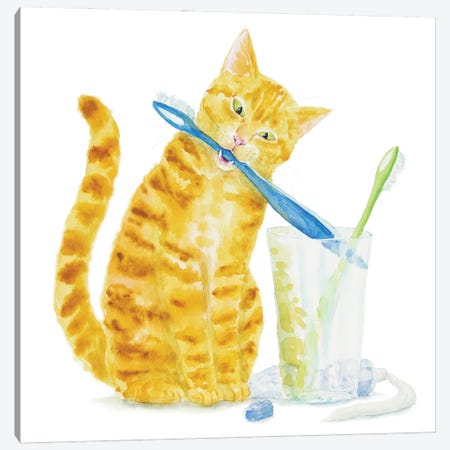 Orange Cat And Toothbrushes Canvas Print #AXS113} by Alexey Dmitrievich Shmyrov Canvas Art