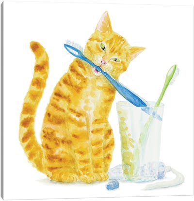 Orange Cat And Toothbrushes Canvas Art Print - Orange Cat Art