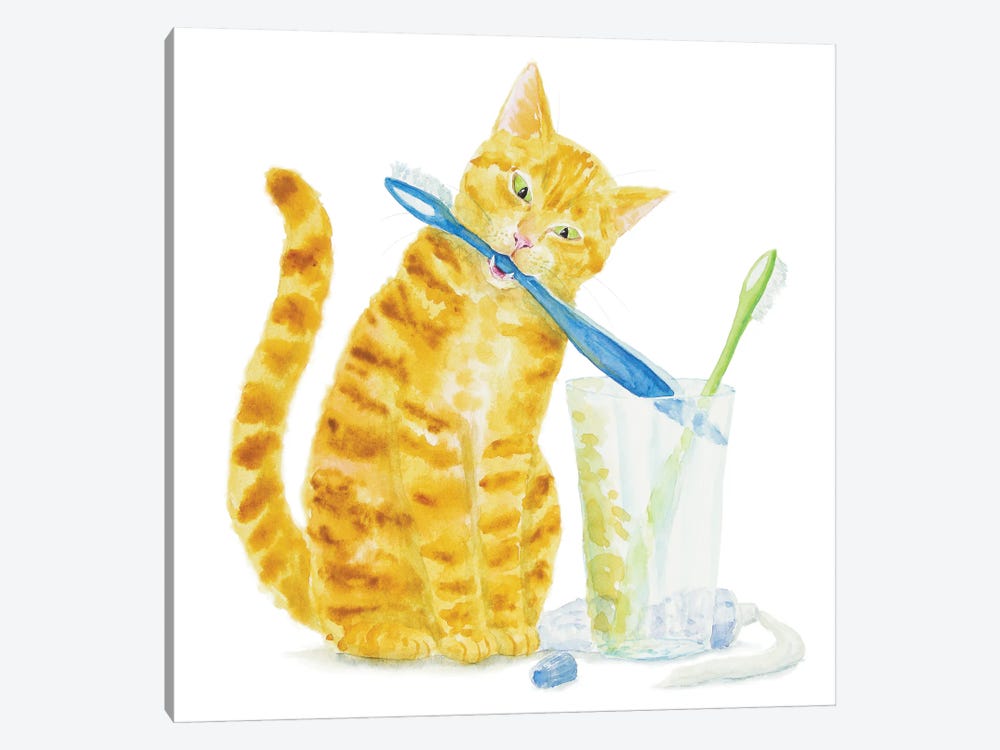 Orange Cat And Toothbrushes by Alexey Dmitrievich Shmyrov 1-piece Canvas Art