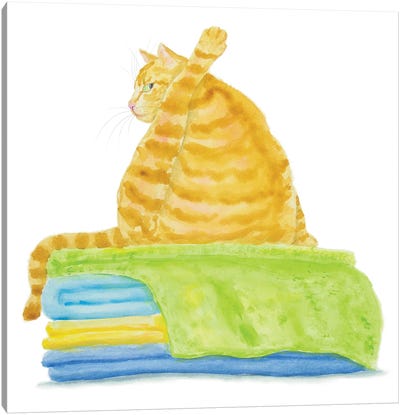 Orange Cat On Towels Canvas Art Print - Laundry Room Art