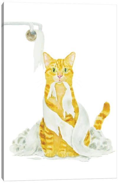 Orange Cat And Toilet Paper Canvas Art Print - Orange Cat Art