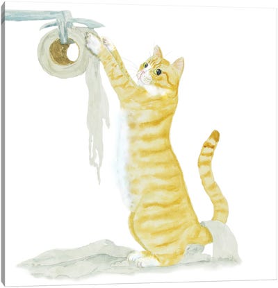 Orange White Cat And Toilet Paper Canvas Art Print - Orange Cat Art