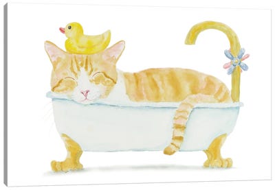 Orange White Cat In The Tub Canvas Art Print - Bathroom Break