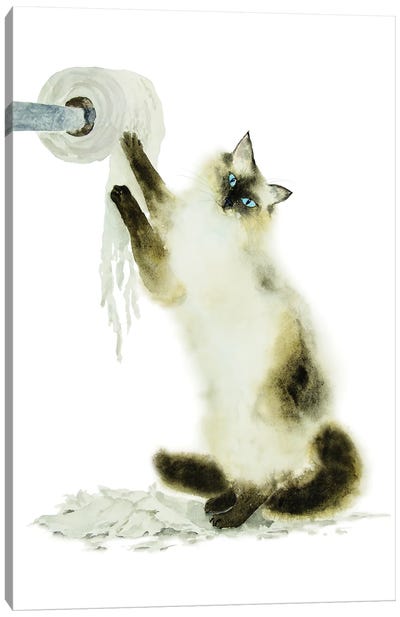 Siamese Ragdoll Cat And Toilet Paper Canvas Art Print - Alexey Dmitrievich Shmyrov