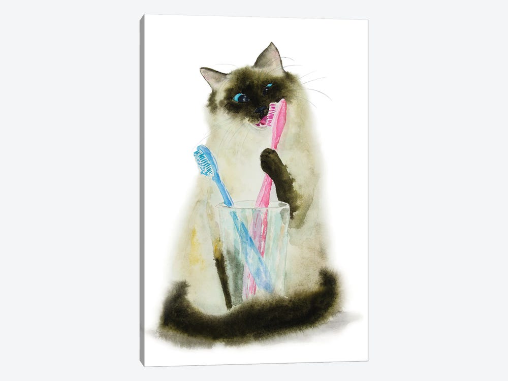 Siamese Ragdoll Cat And toothbrushes by Alexey Dmitrievich Shmyrov 1-piece Canvas Art