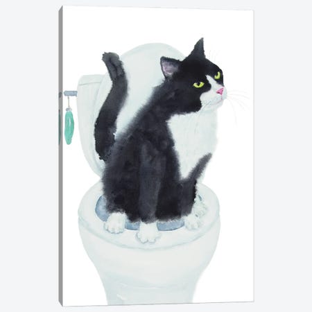 Tuxedo Cat On The Toilet Canvas Print #AXS125} by Alexey Dmitrievich Shmyrov Canvas Art