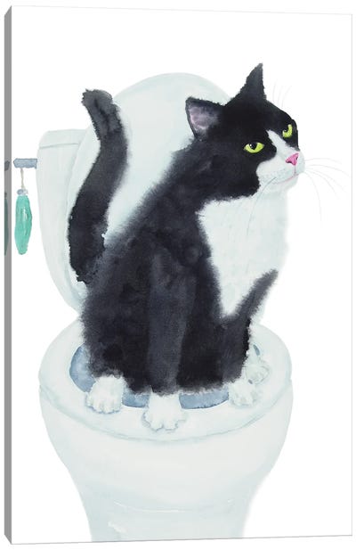 Tuxedo Cat On The Toilet Canvas Art Print - Tuxedo Cat Art