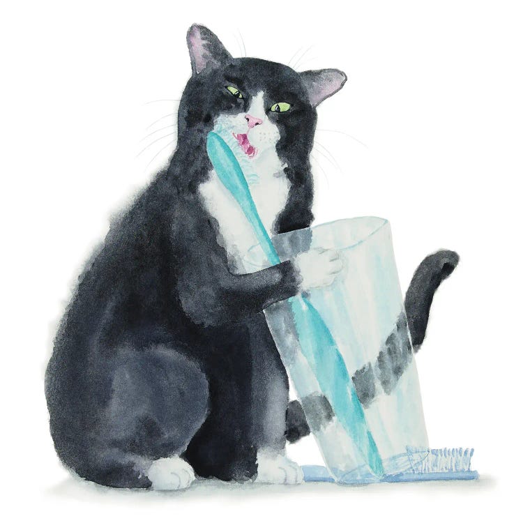 Tuxedo Cat And Toothbrush by Alexey Dmitrievich Shmyrov wall art
