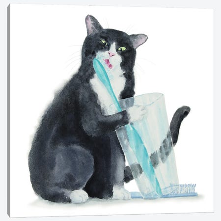 Tuxedo Cat And Toothbrush Canvas Print #AXS126} by Alexey Dmitrievich Shmyrov Canvas Artwork