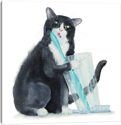Tuxedo Cat And Toothbrush Canvas Art Print - Tuxedo Cat Art