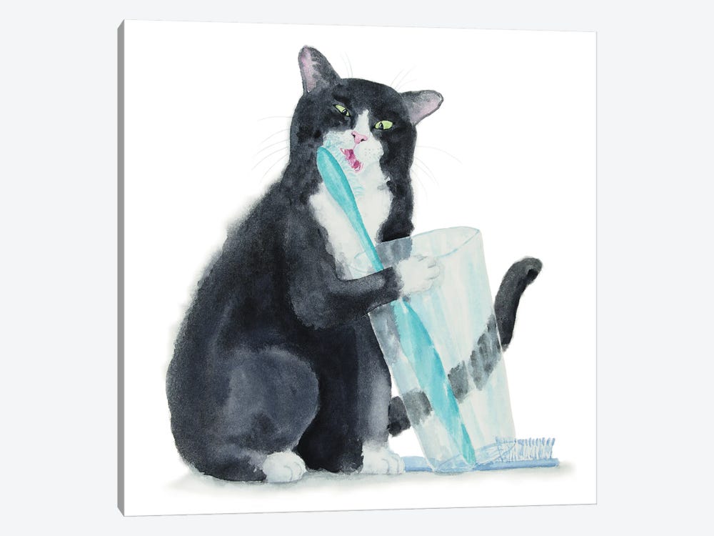Tuxedo Cat And Toothbrush by Alexey Dmitrievich Shmyrov 1-piece Canvas Art