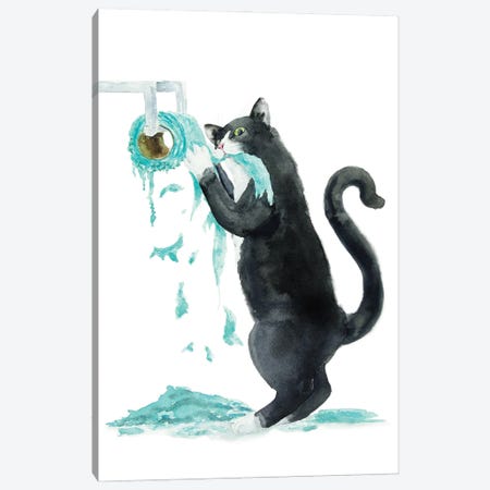 Tuxedo Cat And Toilet Paper Canvas Print #AXS127} by Alexey Dmitrievich Shmyrov Canvas Wall Art