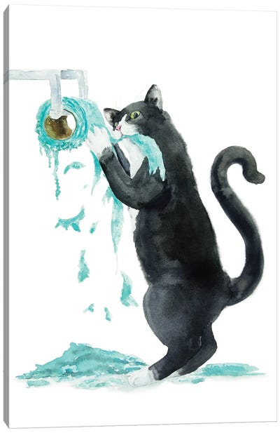 Tuxedo Cat And Toilet Paper Canvas Art Print - Tuxedo Cat Art