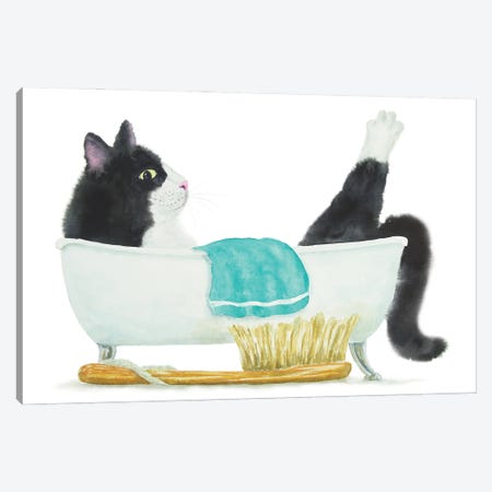 Tuxedo Cat In The Tub Canvas Print #AXS128} by Alexey Dmitrievich Shmyrov Canvas Print
