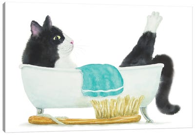 Tuxedo Cat In The Tub Canvas Art Print - Bathroom Break