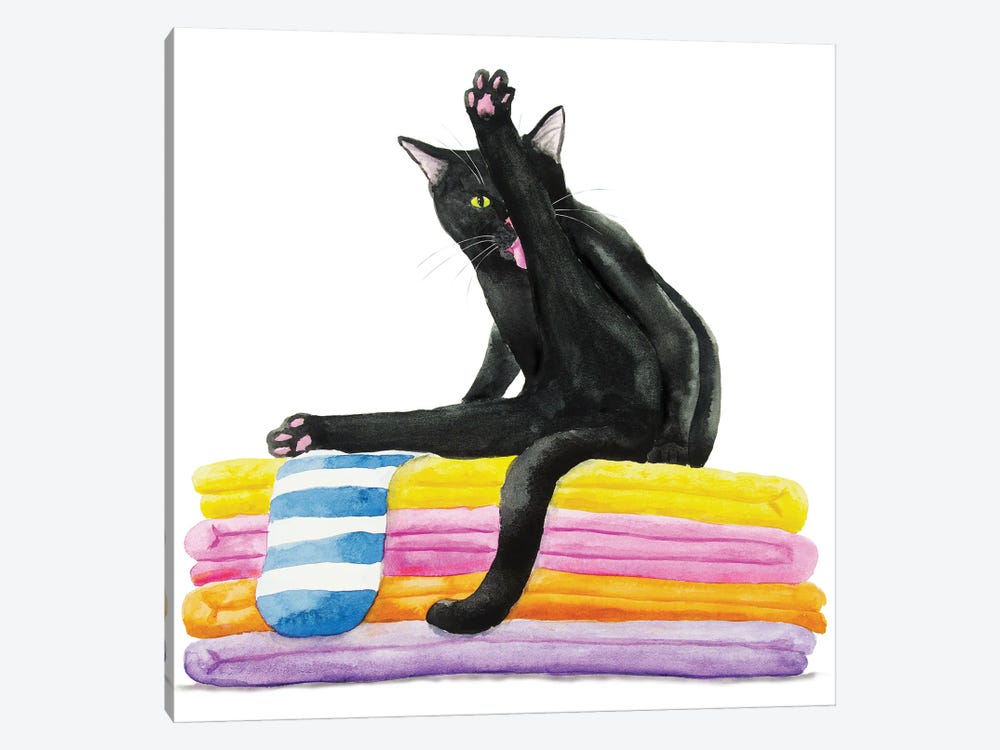 Black Cat On Bath Towels by Alexey Dmitrievich Shmyrov 1-piece Canvas Print