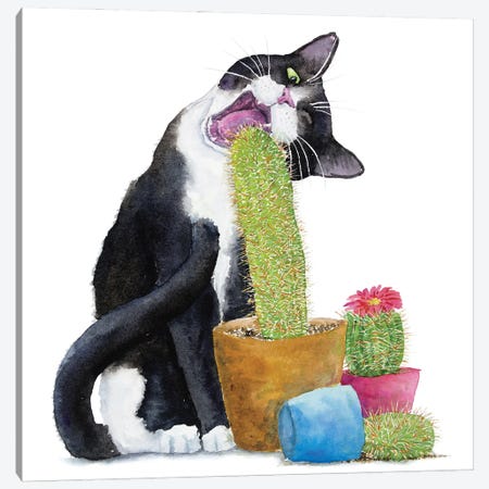 Tuxedo Cat And Cactus Canvas Print #AXS133} by Alexey Dmitrievich Shmyrov Canvas Art
