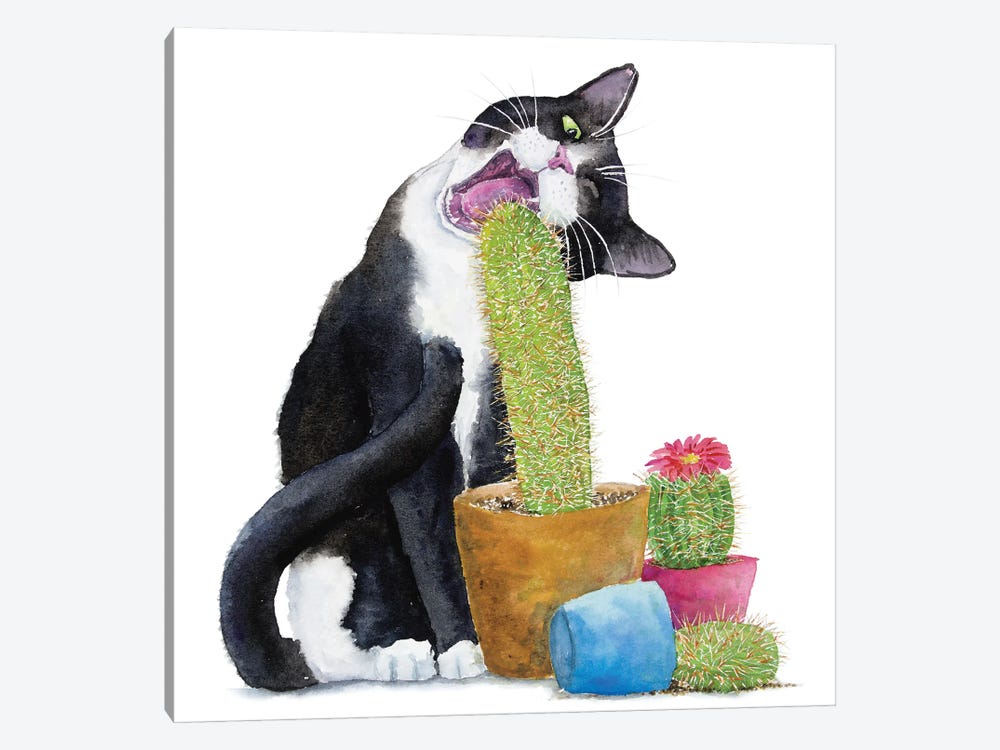 Tuxedo Cat And Cactus by Alexey Dmitrievich Shmyrov 1-piece Canvas Art