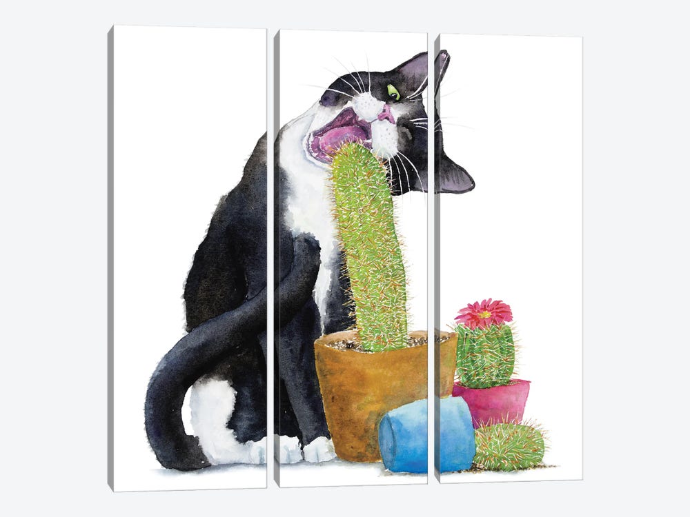 Tuxedo Cat And Cactus by Alexey Dmitrievich Shmyrov 3-piece Canvas Art